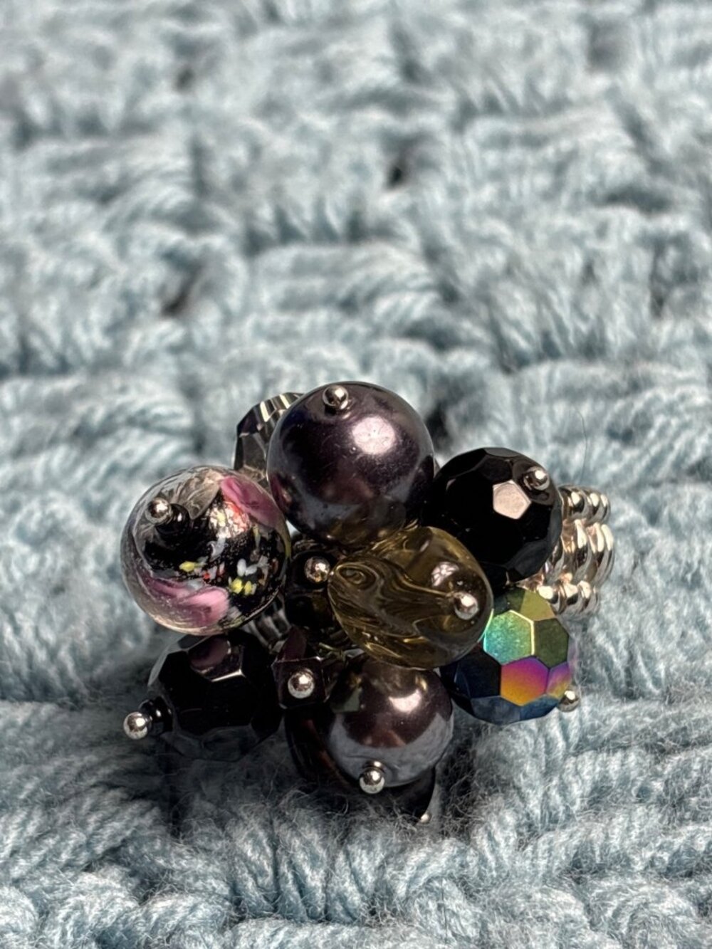 Glass Bead Cluster Stretchy Ring Faceted AB Faux Pearl Floral